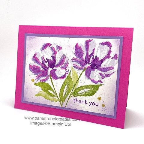 This double bloom beauty features 2-step stamping with ease. Highland Heather, Magenta Madness and Gorgeous Grape are featured in the petals with stamped and stamped off Granny Apple GReen foliage. Enjoy more of this stamp set https://www.pamstrobelcreates.com/art-gallery-stamp-set
