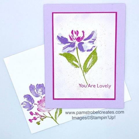 Create a Quick card with big impact in minutes using the Stampin'Up! Fine Art 2-step stamp set . Ink just a portion of the stamp to omit petals from the flower .This card features Purple Posy, Highland Heather, Magenta Madness and Granny Apple Green colors. Enjoy more Fine Art cards here https://www.pamstrobelcreates.com/art-gallery-stamp-set