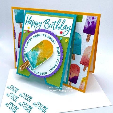 Bend Me ,Taste Me...Such a sweet card to wish anyone a Happy Birthday. We all love ice cream ! I love all the images on the Ice Cream Corner designer series paper. It playfully fills up the Mango Melody card base with Such vivid colors, I wonder how they would taste? The curvy sentiment was made by bending the sentiment and placing on a clear block to fit on the circles edge. Bermuda Bay, Highland Heather, Granny Apple Green colors and Ice Cream Corner Sprinkles. Enjoy more Ice Cream treats https://www.pamstrobelcreates.com/sweet-ice-cream-stamp-set