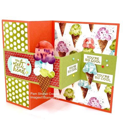 No Coloring Here ! Simply Use Stampin'Up's Ice Cream Cone Builder Punch to remove your favorite flavors from the Ice Cream Corner Designer Series paper. The waffle cone is part of the paper too...yahoo! I pulled out the Calypso Coral and Pear Pizzazz to make the Z-Fold card.Don't forget to glue on some sprinkles! find more https://www.pamstrobelcreates.com/sweet-ice-cream-stamp-set