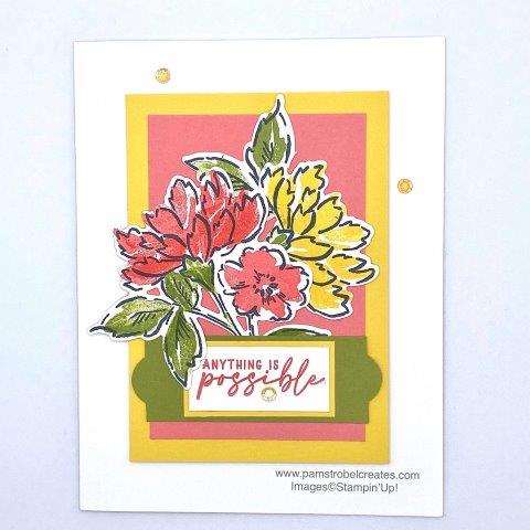 Beautiful bright colors adorn my Hand-Penned Petals card using a color combo from my Quick Color Shop. Flirty Flamingo, Daffodil Delight and Old OLive. Enjoy more Hand-Penned Petals creations in my dedicated Inspiration Gallery for this stamp set.