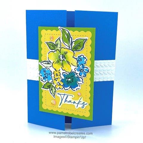 Hand-Penned Petals goes bold with colors from Stampin'Up's Brights Collection.Using a color combo I created in my Quick Color Shop of Pacific Point, Granny Apple Green and Daffodil Delight. Check out my Inspiration Gallery dedicated to this stamp set at pamstrobelcreates.com