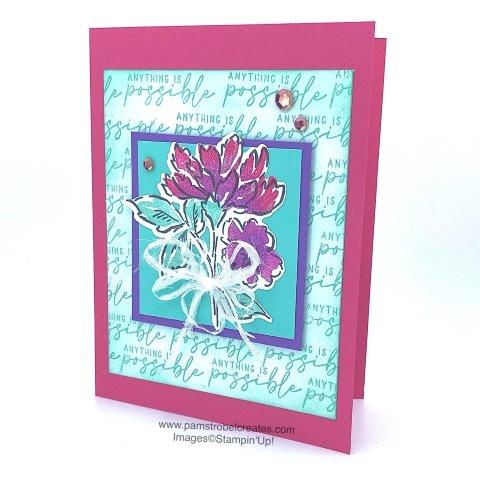 This Unique Hand-Penned Petal card is Surrounded by the inspirational words of ANYTHING IS POSSIBLE . I created the color combo in my Quick Color Shop using Melon Mambo, Gorgeous Grape and Coastal Cabana. Visit my Hand-Penned dedicated gallery for even more inspiration.
