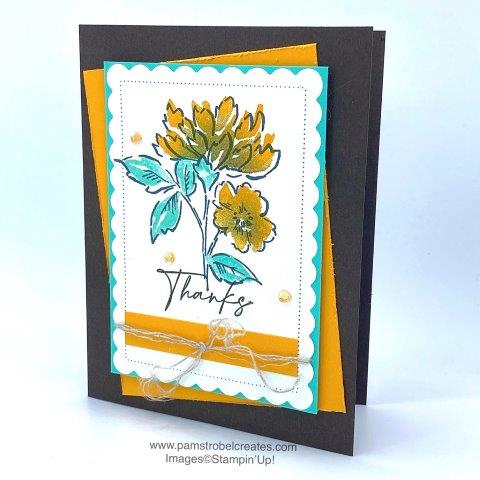 A rich color departure from the same old pink flowers we often gravitate toward. I love to stretch my color palate with my stamp sets and so I created this color combo in my Quick Color shop and used Stampin'Up Early Espresso, Mango Melody and Coastal Cabana. Find more Hand-Penned inspiration on  my site.
