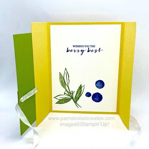 Inside of this fun Blueberry fancy gatefold card, Stampin'Up's Berry Blessings using Daffodil Delight paper, Granny Apple Green paper and ink and Pacific Point. White and oh so easy to use White Crinkle Ribbon.