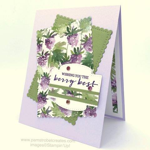 Quick Card with Stampin'Up beautiful designer series paper. For this one I've featured the paper die cut using the Stitched So Sweetly dies. Love those scalloped edges. Enjoy more samples using the Berry Blessings stamp set and Berry Delightful Designer Series Paper. https://www.pamstrobelcreates.com/berry-blessings-stamp-set