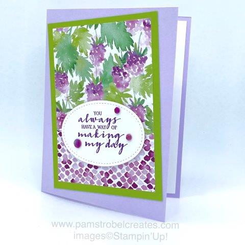 Make this EASY card with Stampin'Up's versatile Berry Blessings stamp set and coordinating 2 sided 12x12 paper. Shown here with Highland Heather and Granny Apple Green. Artistry Sequins add a wonderful touch of sparkle. Enjoy more Stampin'Up Berry Blessings cards here https://www.pamstrobelcreates.com/berry-blessings-stamp-set