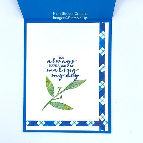 The inside of a tent fold card using Pacific Point card stock and ink/Granny Apple Green. Stampin'Up! Berry Blessings stamp set and Berry Delightful Designer Series Paper.