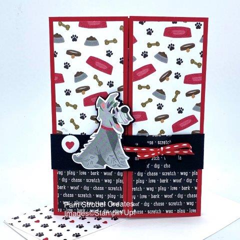 Dog Lovers can easily make this card using the Playful Pets Designer Series Paper with so many cute dog and cat images . A Real Red gatefold features split panels of the front and back of 1 of the 12x12 sheets in Stampin'Up!'s paper collection. A black belly band made with the Scalloped Tag Topper punch holds the gatefold closed using the Playful Pets red stitched ribbon. Enjoy more inspiration : https://www.pamstrobelcreates.com/inspiration-gallery