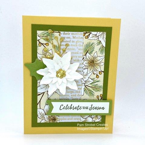The textured layers of this white poinsettia is just a portion of the details of this lovely Christmas card. Highlights of gold foil and 2 papers (Poinsettia Place Designer Series Paper & Wonder of the Season Designer Series Paper) coordinate with the So Saffron,Old Olive, and Pear Pizzazz colors. Itty Bitty Christmas stamp set for the sentiment. https://www.pamstrobelcreates.com/inspiration-gallery