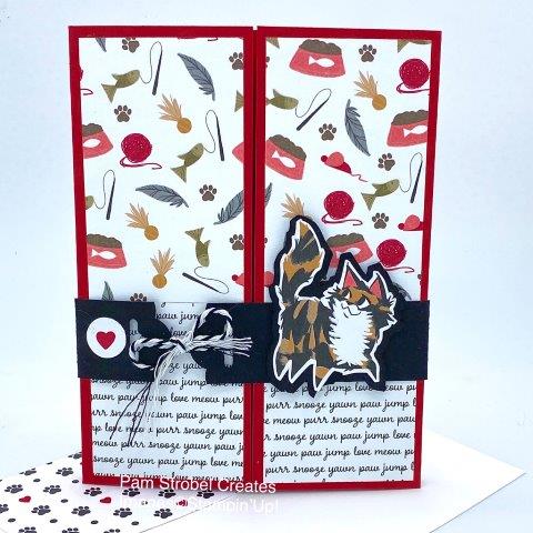 Cat Lovers can easily make this card using the Playful Pets Designer Series Paper with so many cute dog and cat images . A Real Red gatefold features split panels of the front and back of 1 of the 12x12 sheets in Stampin'Up!'s paper collection. A black belly band made with the Scalloped Tag Topper punch holds the gatefold closed using the Playful Pets red stitched ribbon. Enjoy more inspiration : https://www.pamstrobelcreates.com/inspiration-gallery