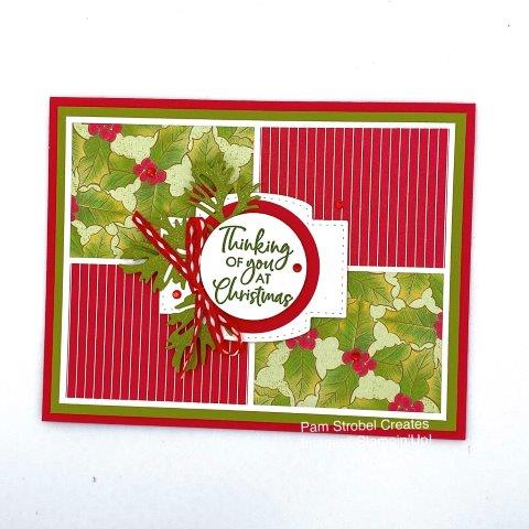 Show off that Designer Series paper with pieces cut 2 3/8 x 1 3/4. The Itty Bitty Christmas stamp set stamped in Old Olive starts layers of punched circles and die cut pines and embellished with Playful Pet red stitched ribbon and Red Rhinestones. Stitched So Sweetly Dies, Peaceful Boughs dies, Poinsettia Place Designer Series Paper. https://www.pamstrobelcreates.com/inspiration-gallery