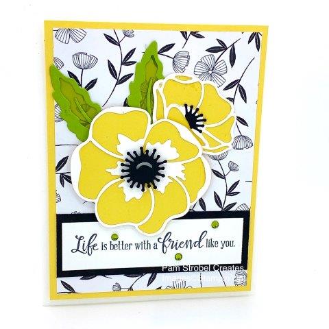 There is just something striking about a yellow and black together. With each die piece being seperate I can easily choose from an erray of colors. I used Stampin'Up's Peaceful Moments stamp set and the Poppy Moments Dies. I used Daffodil Delight, Basic Black and Granny Apple Green colors as well as vellum in the leaves for a translucent look. More ideas here : https://www.pamstrobelcreates.com/inspiration-gallery