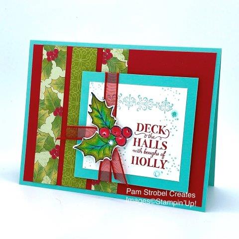 Real Red and Coastal Cabana are just a few of my favorite Stampin'Up! colors. After coloring the holly and berries I knew I needed some designer pattern with Old Olive in it. I used the Christmas Gleaming stamp set with Stampin' Blends. Poinsettia Place Designer series Paper and Real Red, Coastal Cabana and Old Olive. Real Red Sheer Ribbon and Artistry Sequins added texture and shine. https://www.pamstrobelcreates.com/mixed-stamp-sets