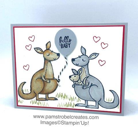 Celebrating a new baby on board! It's a mirrored image of the Kangaroo and Co. stamp set using Stampin Blends in classic kangaroo colors. I think little roo is eyeing that balloon. Enjoy more animal inspiration when you click on the photo.