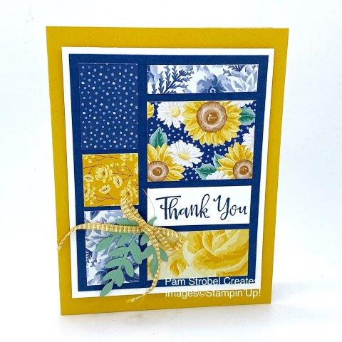 The patterned paper sets the stage for my colors using the Flowers For Every Season Designer Series Paper. The print tray look can use up small pieces just 1 inch and 2 inch wide. This Thank You card uses Stampin'Up's Peaceful Moments stamp set with 10 everday sentiments. Misty Moonlight and Bumblebee colors. https://www.pamstrobelcreates.com/inspiration-gallery