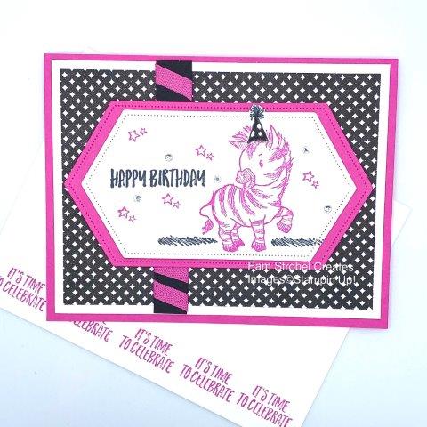 Happy Birthday Bright and Bold, it's a Zany Zebra in Magenta Madness pink and classic black. I love having all the black and white pattern choices in the True Love Designer paper. This smaller print worked perfectly. Enjoy more animal inspiration when you click on the photo.