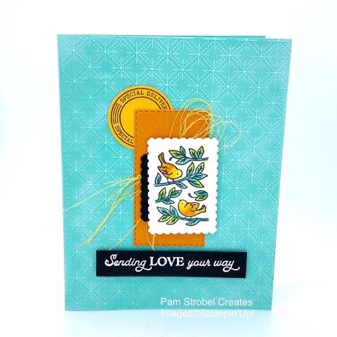 Sweet little birds adorn the branches of the Posted for You stamp set . By choosing my paper colors first I knew exactly which Stampin Blends I would color them. White embossed sentiment, shredded ribbon, Stitched Rectangle dies, Postage Punch and Dainty Diamonds embossing folder. I used Coastal Cabana, Pumpkin Pie, Basic Black & Mango Melody. https://www.pamstrobelcreates.com/inspiration-gallery