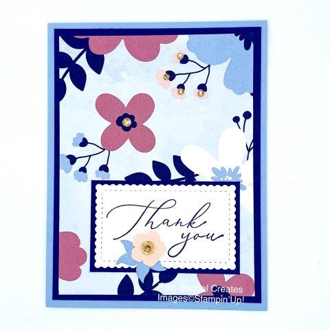 Let the pattern paper do all the work! Stitched So Sweetly dies gave me the perfect size for my Thank You sentiment. It's really when I added the Chapagne Rhinestones that my cards took on a whole new look. Enjoy more inspiration when you click on the photo.