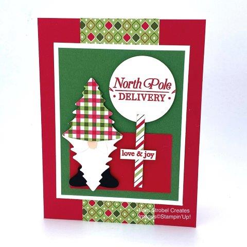 Punch Art for this Christmas card. I used Stampin'Up's Pine Tree punch and Perfectly Plaid stamp set. The shoes and nose are portions of the Butterfly Duet punch. Heart Warming Hugs Designer Series Paper & Real Red and Garden Green. https://www.pamstrobelcreates.com/inspiration-gallery