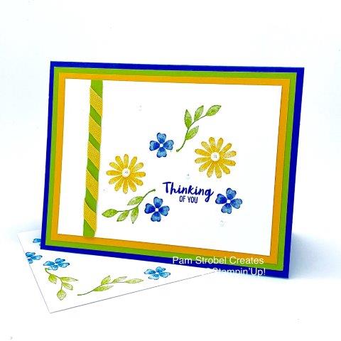 This clean and simply card still features color that excite me. I used the Framed for You stamp set with the bright colors of Pacific Point, Granny Apple Green and Mango Melody. You will find all these colors in the Brights Asst. Collection, item 146975. Basic pearls are at the center of each flower and spiraled ribbon on the side. https://www.pamstrobelcreates.com/inspiration-gallery