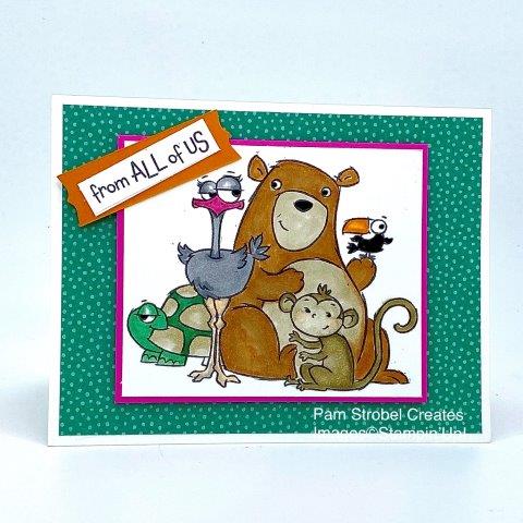 From All of Us stamp set features the whole gang...family or office it's the perfect card to send from a group. The background paper is from the FLowers For Every Season Designer Series Paper with Just Jade, Magenta Madness and Stampin' Blends to color each member. https://www.pamstrobelcreates.com/inspiration-gallery