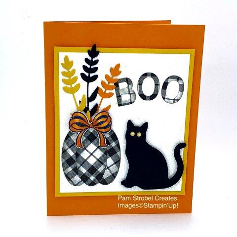 A Plaid pumpkin made with oval dies creates a perfect focal point to decorate and add more to the scene. Stampin'Up! Cat punch, Gift Wrapped stamp set, Playful Alphabet Dies, Sunflower Dies for the wheat & Plaid Tidings Designer Series Paper. Find more fun inspiration here: https://www.pamstrobelcreates.com/inspiration-gallery